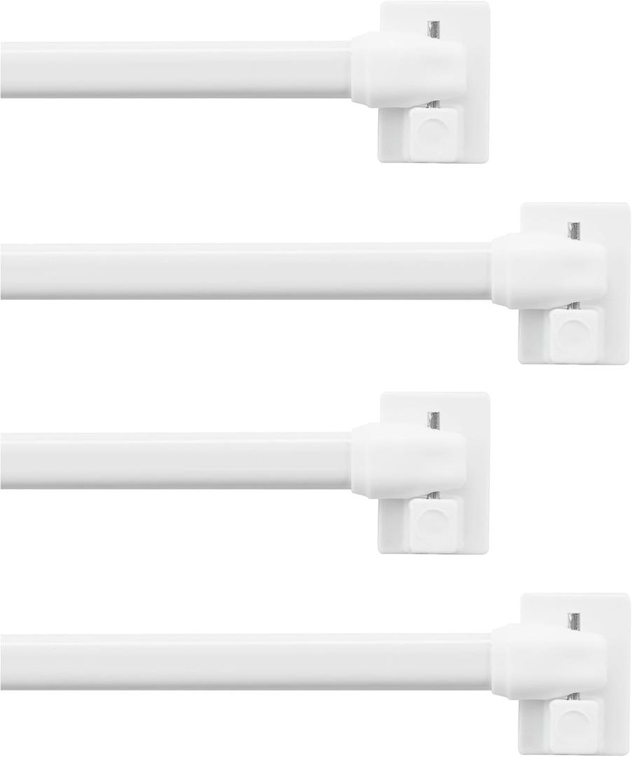 NICETOWN 4 Pack No Drill Curtain Rods for Window Adjustable Length Extends 16 to 28 Inches with Adhesive Brackets without Drilling, Cafe Curtain Rod, Easy Installation for Any Spaces, White