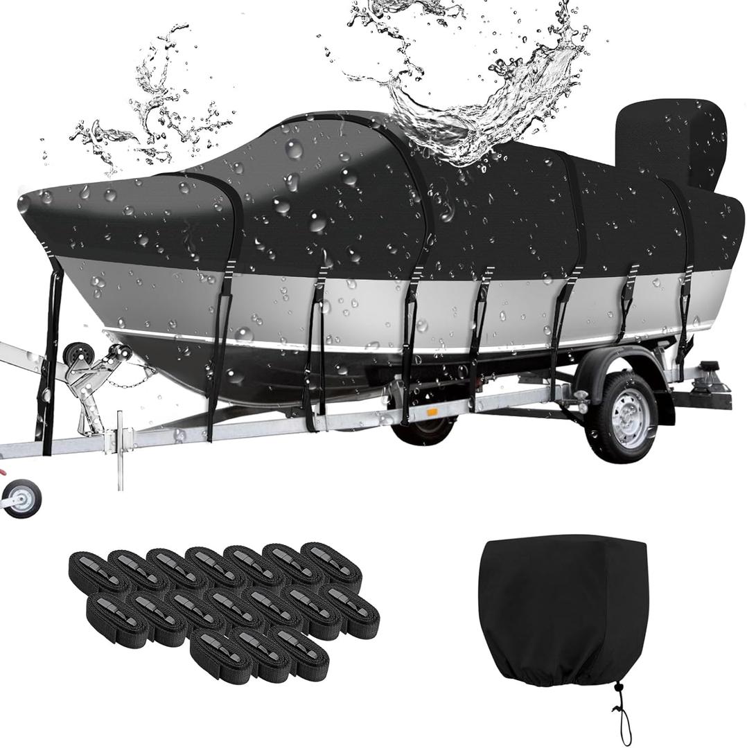 Bass Boat Cover 16-18.5ft, 1400D Trailerable Boat Covers with Straps, Solution-Dyed Waterproof Boat Cover Marine Grade Polyester Canvas Fits V-Hull, Tri-Hull, Ski, Fishing, Runabout 16' 17' 18.5' Foot