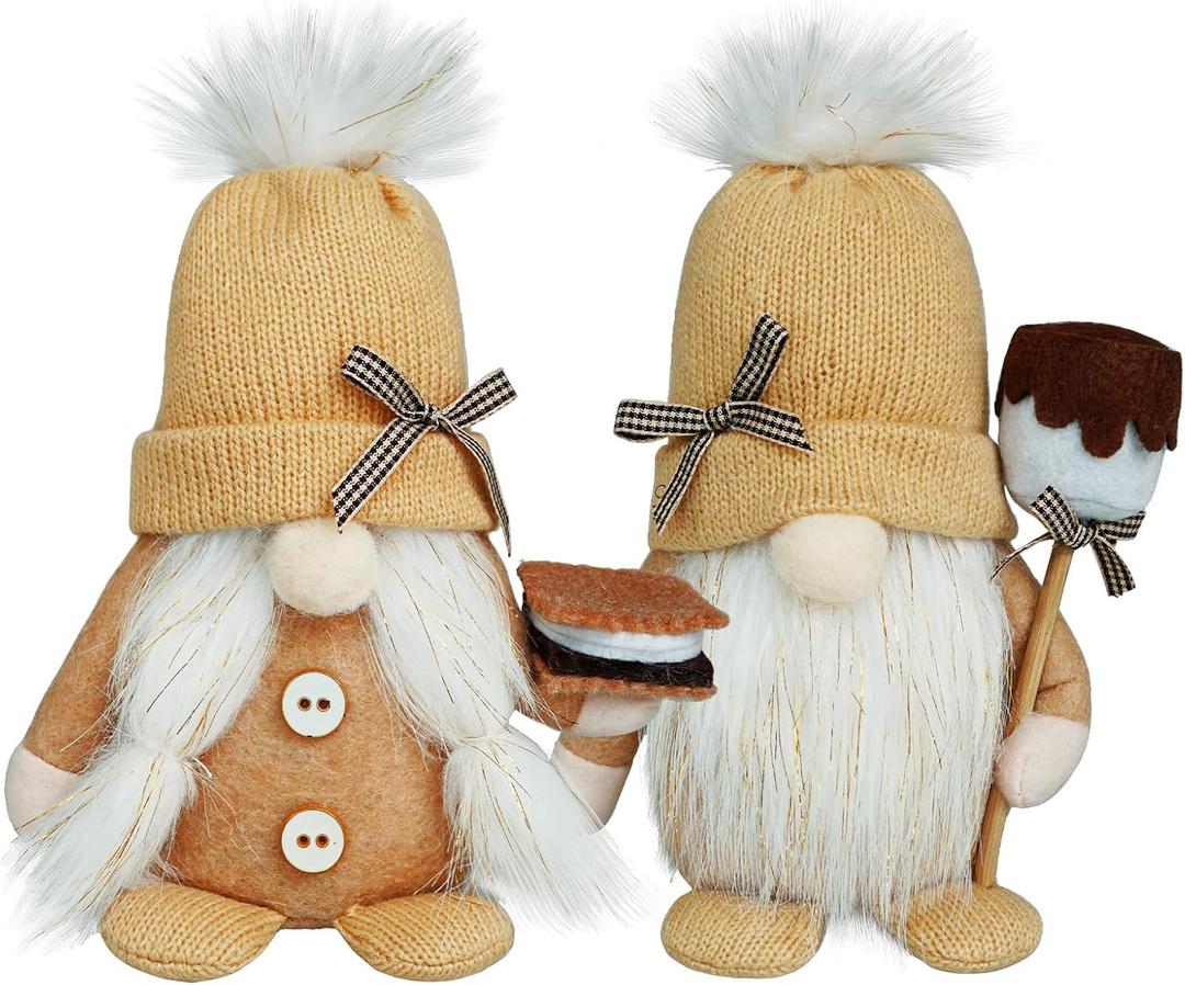S'More Gnome Decorations for Home & Camping - Soft Knitted Tomte with Marshmallow & Chocolate Cream Pie