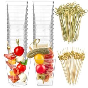 Zezzxu 50 Sets 5 oz Plastic Charcuterie Cups with 100 Sticks, Square Appetizer Cups with Cocktail Picks Mini Party Serving Cups for Fruit, Snack, Dessert