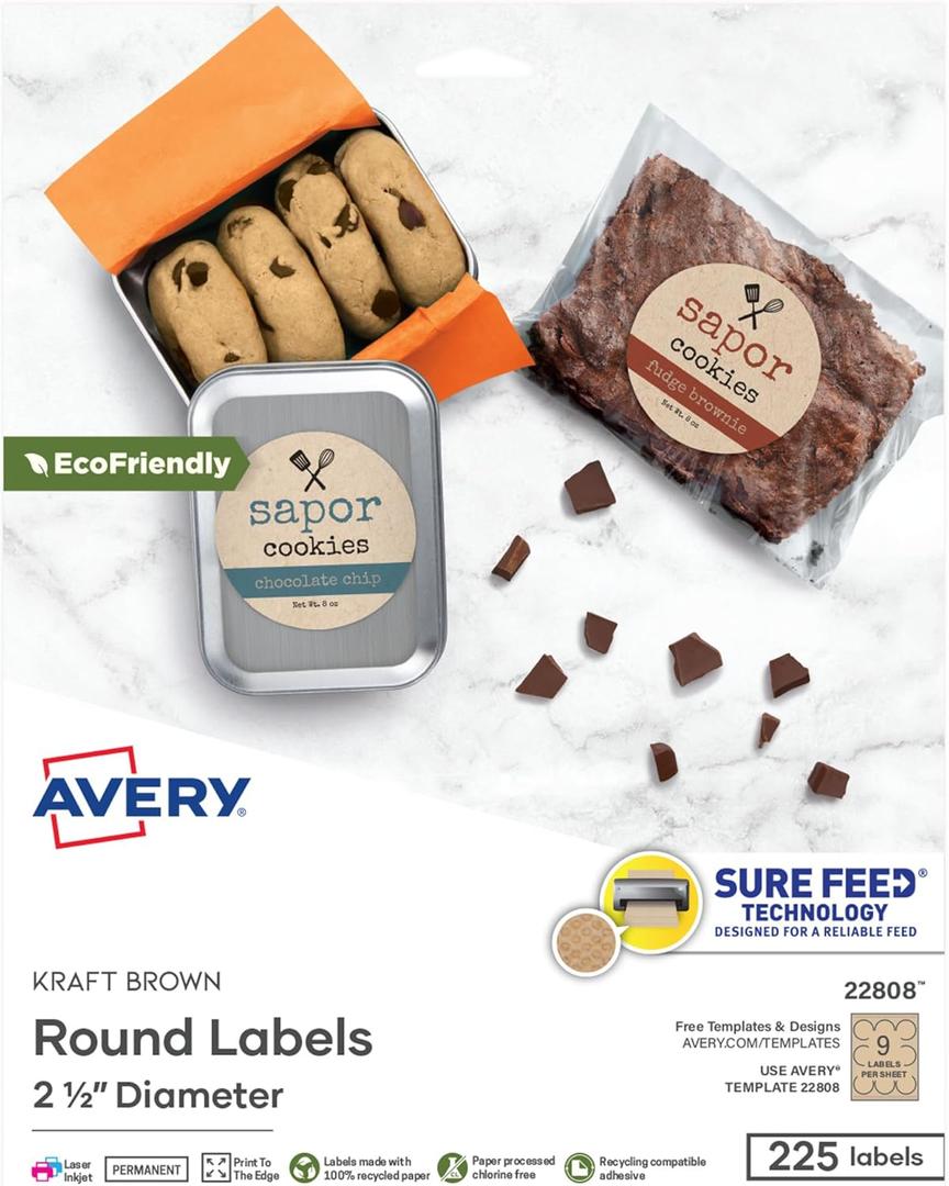 Avery Kraft Brown Round Labels with Sure Feed Technology, 2.5" Diameter, Print to The Edge, Laser/Inkjet Printable Labels, 225 Total (22808) (2.5 inch (Pack of 1))