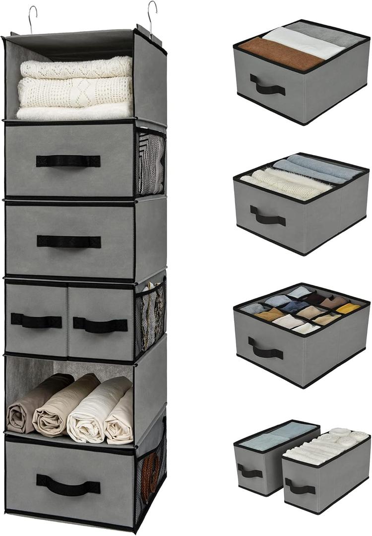 GRANNY SAYS Hanging Closet Organizer 6 Shelves, Closet Organizers and Storage with 5 Drawers, 6 Side Pockets Closet Hanging Organizer, Hanging Storage Organizer for Closet, Baby Clothes, Gray 
