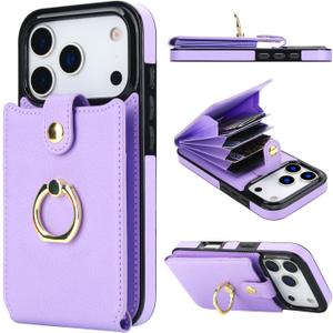 Folosu Compatible with iPhone 17 Pro Case Wallet with Card Holder, 360Rotation Finger Ring Holder Kickstand, RFID Blocking Leather Protective Double Buttons Shockproof Cover 6.3 Inch Purple