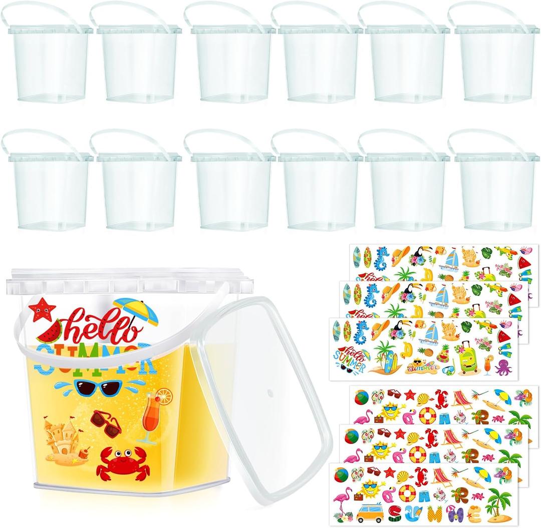 12 Pcs 34 oz Buckets for Drinks Ice Cream Buckets with Lids and Handles 150 Summer Stickers Cocktail Rum Bucket Clear Plastic Containers Reusable Plastic Pail for Summer Beach Party Supplies