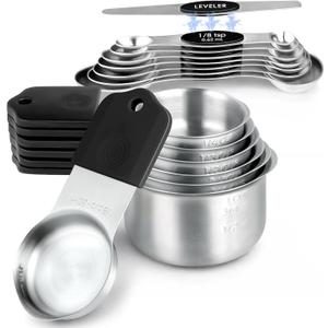 Magnetic Measuring Cups & Spoons Set, Strong N45 Magnets, Heavy Duty Stainless Steel Fits in Spice Jars for Baking & Cooking, BPA Free, Round Set of 15 with Leveler, Dark Black