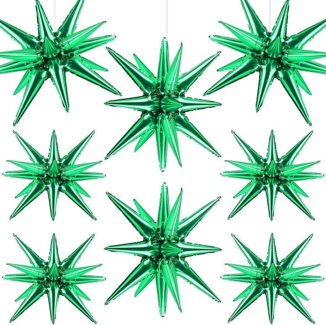 8 Pcs Green Star Balloons, 27/22 inch One-Piece Explosion Foil Balloons for Birthday, St Patricks Day, Easter, Christmas, Graduation Party Decorations(Green)
