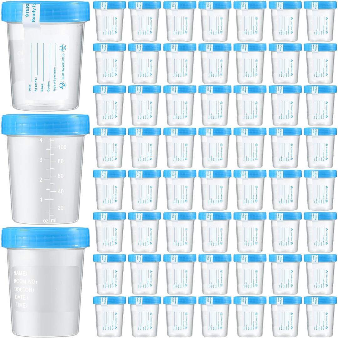 200 Pcs Urine Specimen Cups with Lids and Evident Seal Urine Sample Cups Collection Cup Disposable for Collection and Testing (Blue Lids)