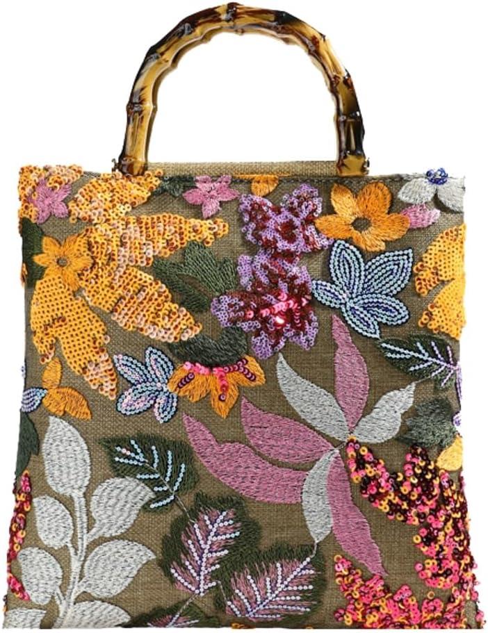 Sequin Embroidered Floral Tote for Women Beach Bag with Bamboo Handle Summer Shoulder Handbag for Vacation Daily Use