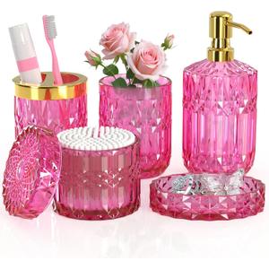 Hot-Pink Glass Bathroom Accessories Set 5 Pcs, Hot-Pink Bathroom Set, Soap Dispenser and Toothbrush Holder Set, Qtip Holder Set, Vintage Bathroom Sink Set, Cute Bathroom Decor