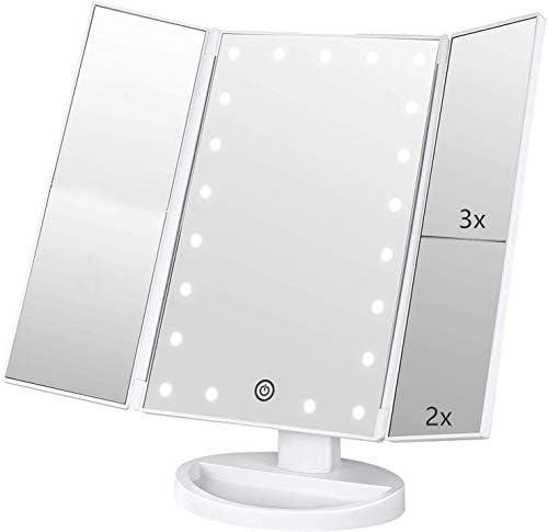 Tri-fold Lighted Vanity Makeup Mirror with 3x/2x Magnification,21 LEDs Light and Touch Screen,180 Degree Free Rotation Countertop Cosmetic Mirror,Travel (White)