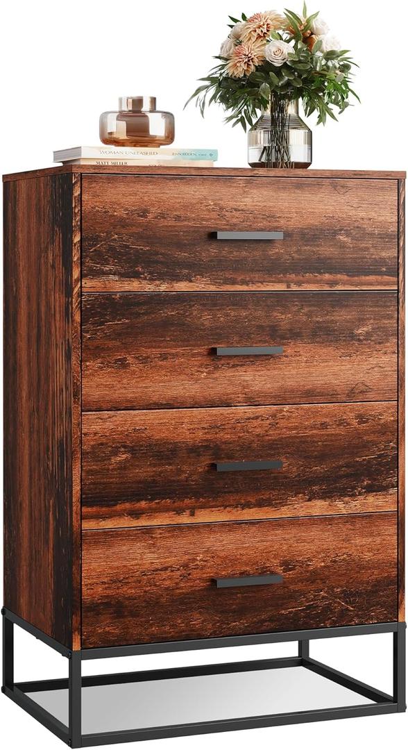 WLIVE Wood Dresser for Bedroom with 4 Drawers, Tall Dresser with Sturdy Metal Frame, Wooden Chest of Drawers for Hallway, Living Room, Closet, Brown Oak