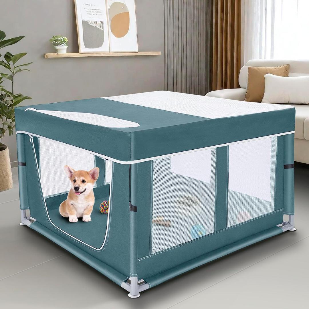 Dog Kitten Playpen with Cover, 42x42 x25.5 Puppy Playpen for Small Pet with See-Through Topper Proof, Green