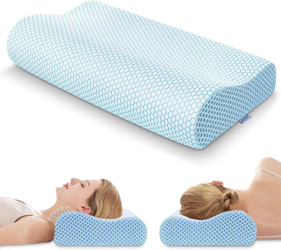 Anvo Memory Foam Pillow, Neck Contour Cervical Orthopedic Bed Pillow for Sleeping Side Back Stomach Sleeper, Ergonomic Design for Neck and Shoulder Pain Relief, Cyan, Firm (FIRM - Standard (23.9 x 14.1 x 4.7/3.9 inches))
