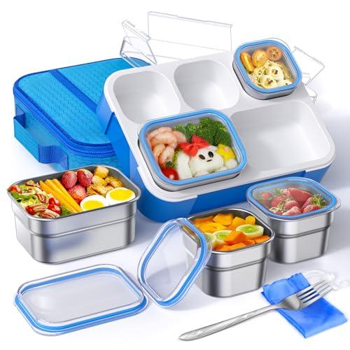 TIME4DEALS Bento Box Stainless Steel Lunch Box Set with for Lunch Bag Kids Adult 5-Compartment Leakproof Insulated Lunch Containers with Utensils for School Works, Metal Lunchbox Tray BPA-Free (Blue)