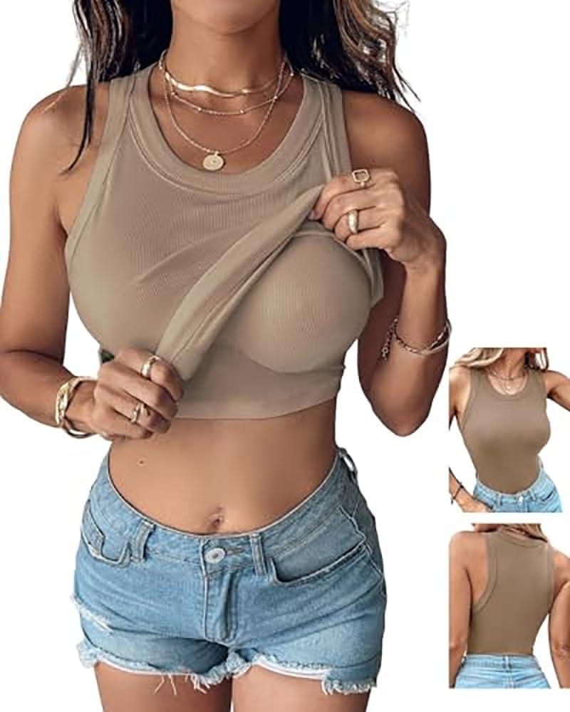 CHICME Women Built-in Bra Tank Tops Sleeveless Casual Shirts Racerback Ribbed Fitted Tank Tops (Brown, XL)