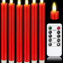 KSWING Upgraded Real Wax LED Flameless Red Taper Candles with Remote, 6 PCS Candlesticks Battery Operated 3D Flickering - 9.6" Long Realistic Fake Candle Sticks for Home/Wedding/Fireplace Xmas Decor