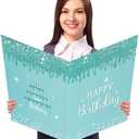 CHUNNIN Jumbo Birthday Guest Book Greeting Cards Teal Silver Large Gifts Card With Envelope Supplies Teal Giant Guest Book Signs for Girl Women Glitter Birthday Party Decorations
