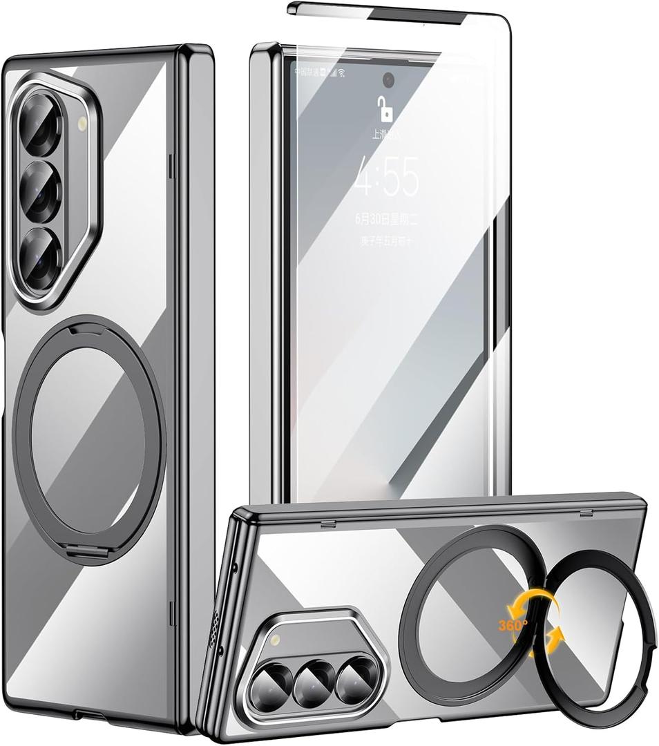 for Samsung Galaxy Z Fold 6 Non-Yellowing Case [Compatible with MagSafe] 360 Rotatable Ring Stand, Electroplated & Hinge Protection & Screen Protector, Magnetic Slim Clear Phone Case, Black