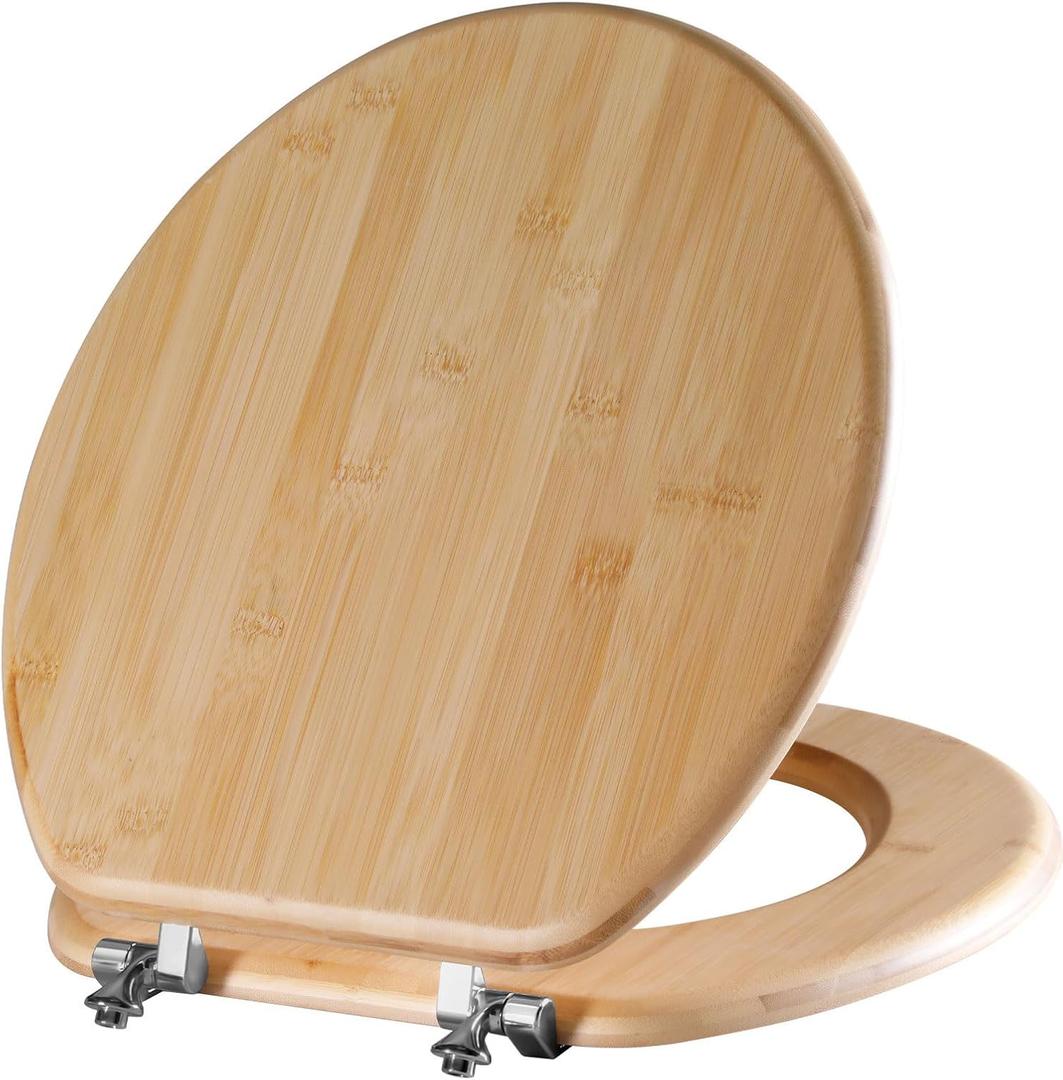 Round Bamboo Toilet Seat with Zinc Alloy Hinges, Easy to Install also Easy to Clean, Natural Bamboo, Light, 16.5-inch