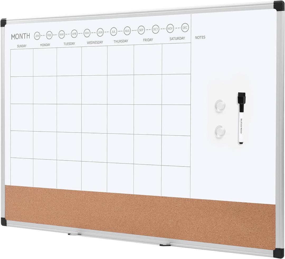 Amazon Basics 24" x 36" Monthly Whiteboard Calendar with Cork Board, Wall Mounted, Easy to Install, Silver Aluminum Frame, Erasable Planning Organization