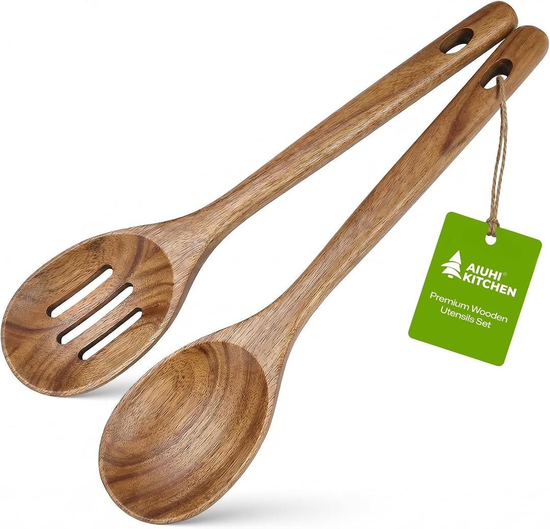 AIUHI 2Pcs Wooden Cooking Spoons for Cooking, No Scratch Wooden Spoons Set of Slotted Spoon & Serving Spoon, Natural Teak Wood Utensils Set for Cooking, Serving & Mixing