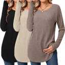 Ficerd 3 Pack Women's Curved Hem Long Sleeve Sweaters, Side Split Crew Neck Tunic Tops Loose Fit Shirts Basic Pullover, Size: XL