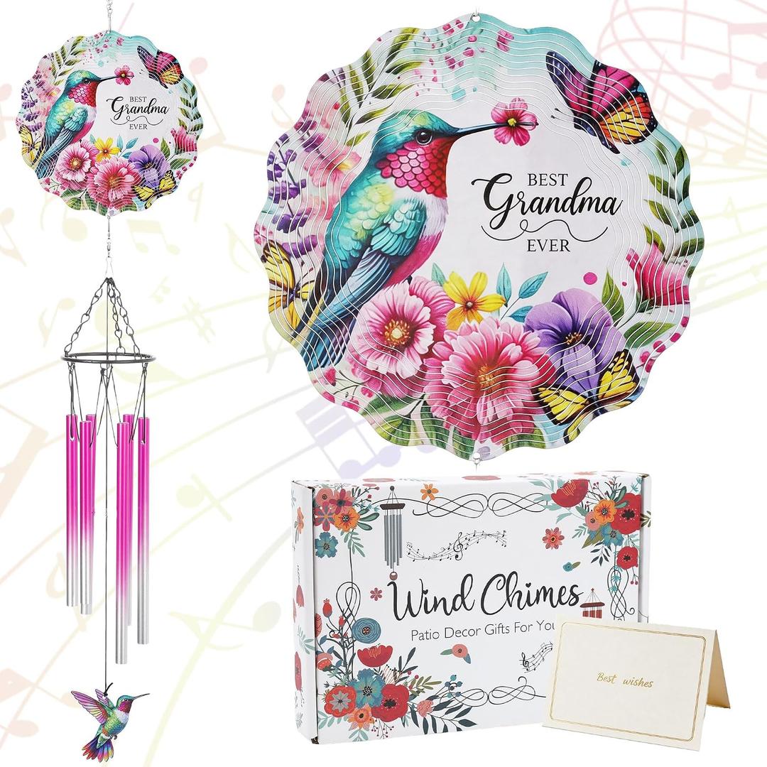 Grandma Gifts Wind Chimes - Metal Hummingbird Windchime with Wind Spinners Outdoor Art Hanging Decor for Garden Yard Patio Lawn Appreciation Birthday Gift for Grandmother from Grandkids