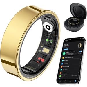 Smart Ring for Women Men, Fitness Tracker Ring with Body Temperature, Sleep Monitor, Heart Rate, Blood Oxygen, Calories, No Subscription Fee, IP68 Waterproof for iPhone & Android (Gold, #7)