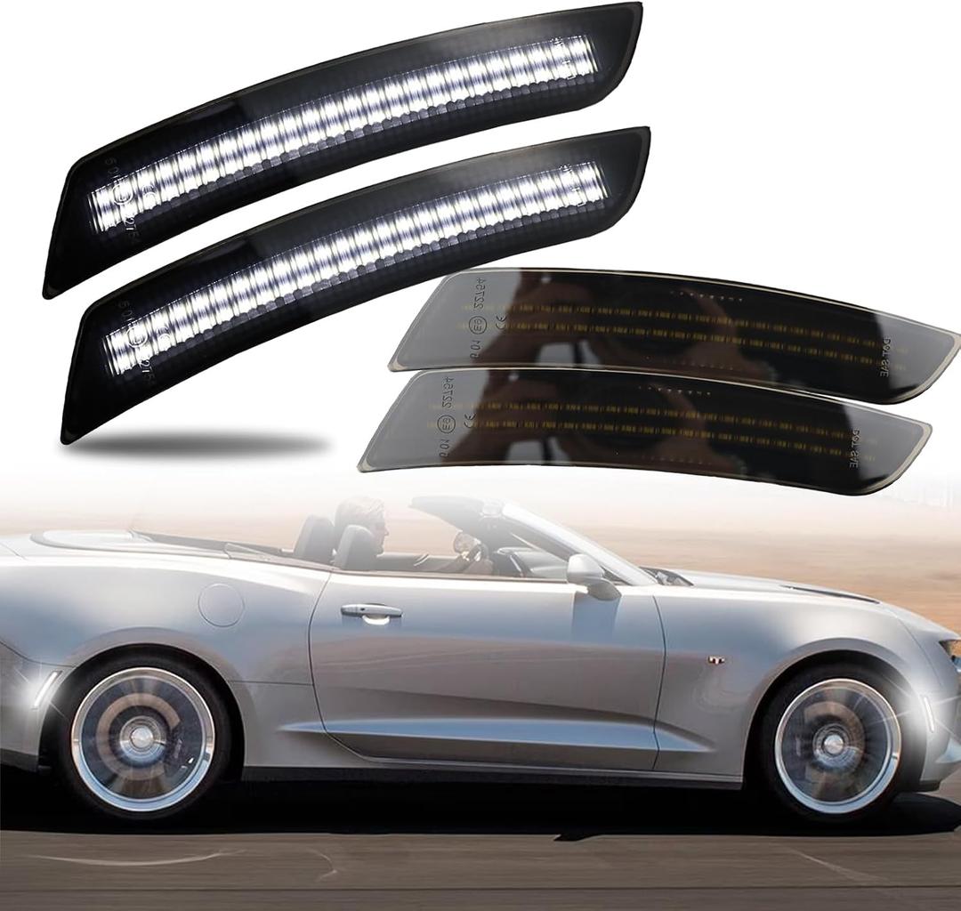 LED Front&Rear Fender LED Side Marker Lights Kit for Camaro 2016-2023, Replacement for Cadillac CTS/ATS (2015-2022),Smoked Lens Side Bumper Marker Lamps,4pcs (White)