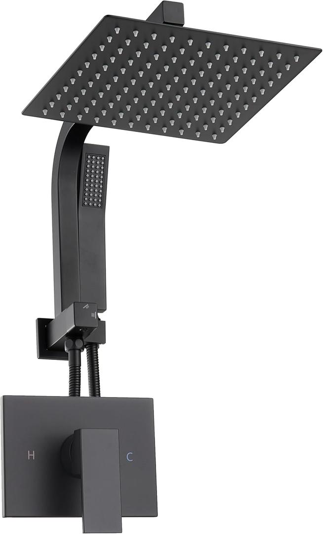 Black Shower Head and Handle Set, Shower Faucet Set with 10 Inch Rain Shower Heads with Handheld Spray Combo, Rainfall Bathroom Shower System Rain Shower Head and Handle Set, Matte Black 