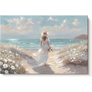 cozy country Beach Wall Art 36"x24" - Coastal Pictures Ocean Canvas Decor - Nautical Artwork Seascape Hand Painting for Girls Room, Sea House