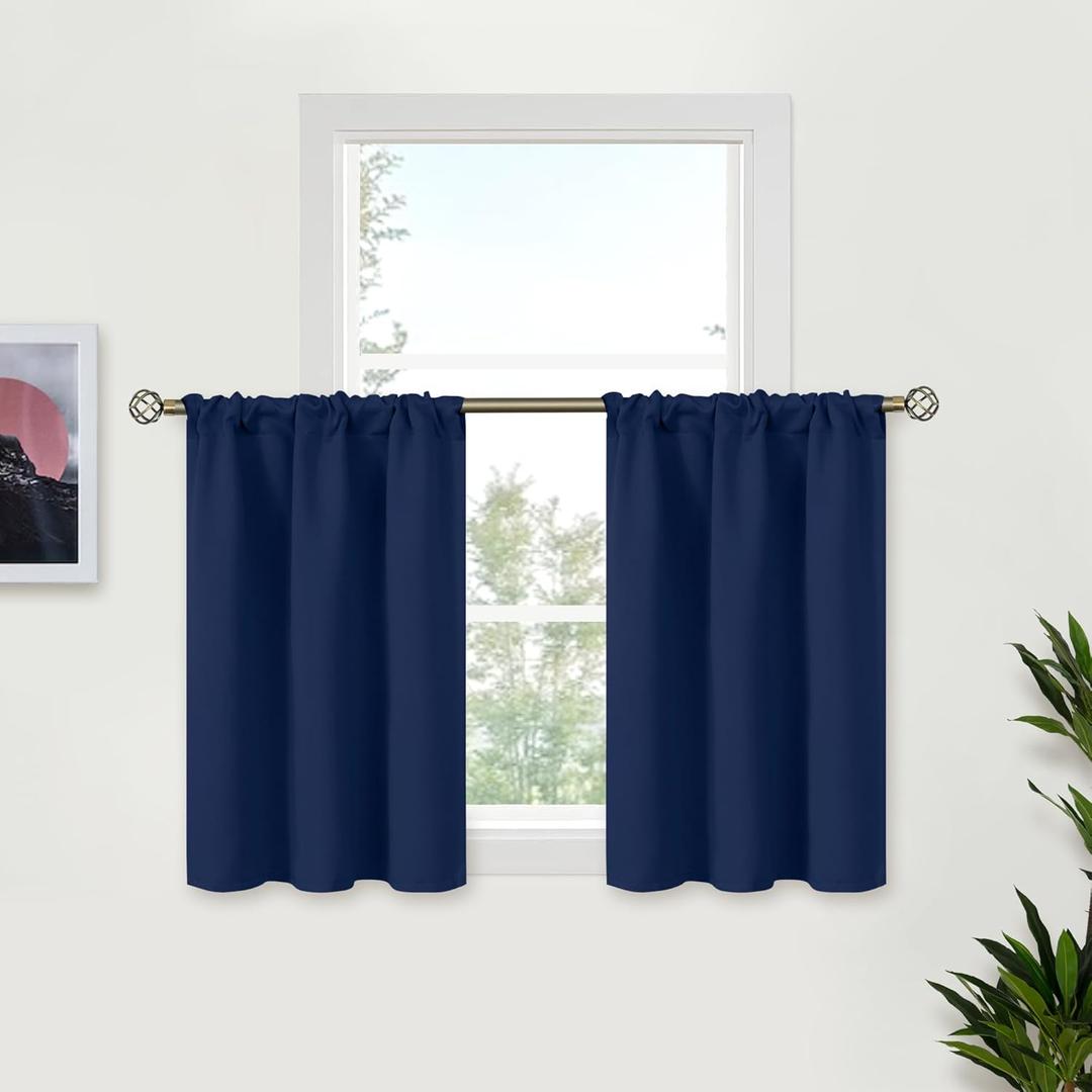 BGment Half Window Curtains 30 Inches Length 2 Panels for Kitchen Cafe - Small Navy Blue Blackout Drapes with Rod Pocket for Bathroom Basement Room Darkening Privacy, 29 x 30 Inch