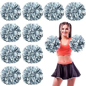 WILLBOND 12 Pack Cheerleading Pom Poms with Baton Handle Plastic Ring Metallic Foil Cheerleader Pompoms for Adult Team Squad Dance Sports Party 2025 Soccer (Silver,Medium)