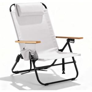 Premium Portable Camping Chair 5-Position Recliner Beach Folding Lightweight Outdoor Chair with Wooden Armrests, Headrest, Multi-Pockets Heavy Duty 350lbs, for Patio, Backyard, Cream White