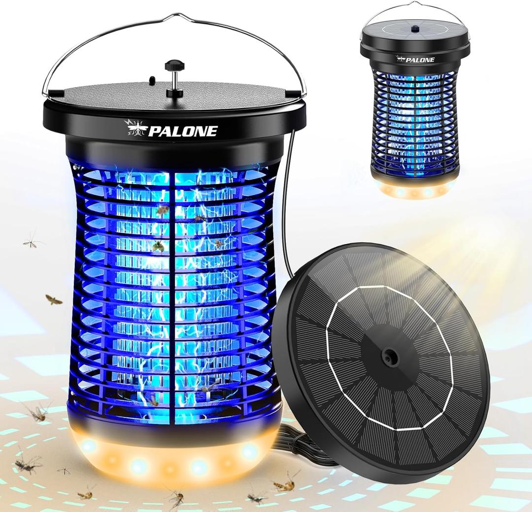 PALONE Solar Bug Zapper Outdoor, Detachable Solar Mosquito Zapper, Insect Zapper Indoor with LED Light, 4500V Fly Zapper 4 in 1 Electric Bug Zapper for Outdoor Camping Patio Garden Mosquito Killer