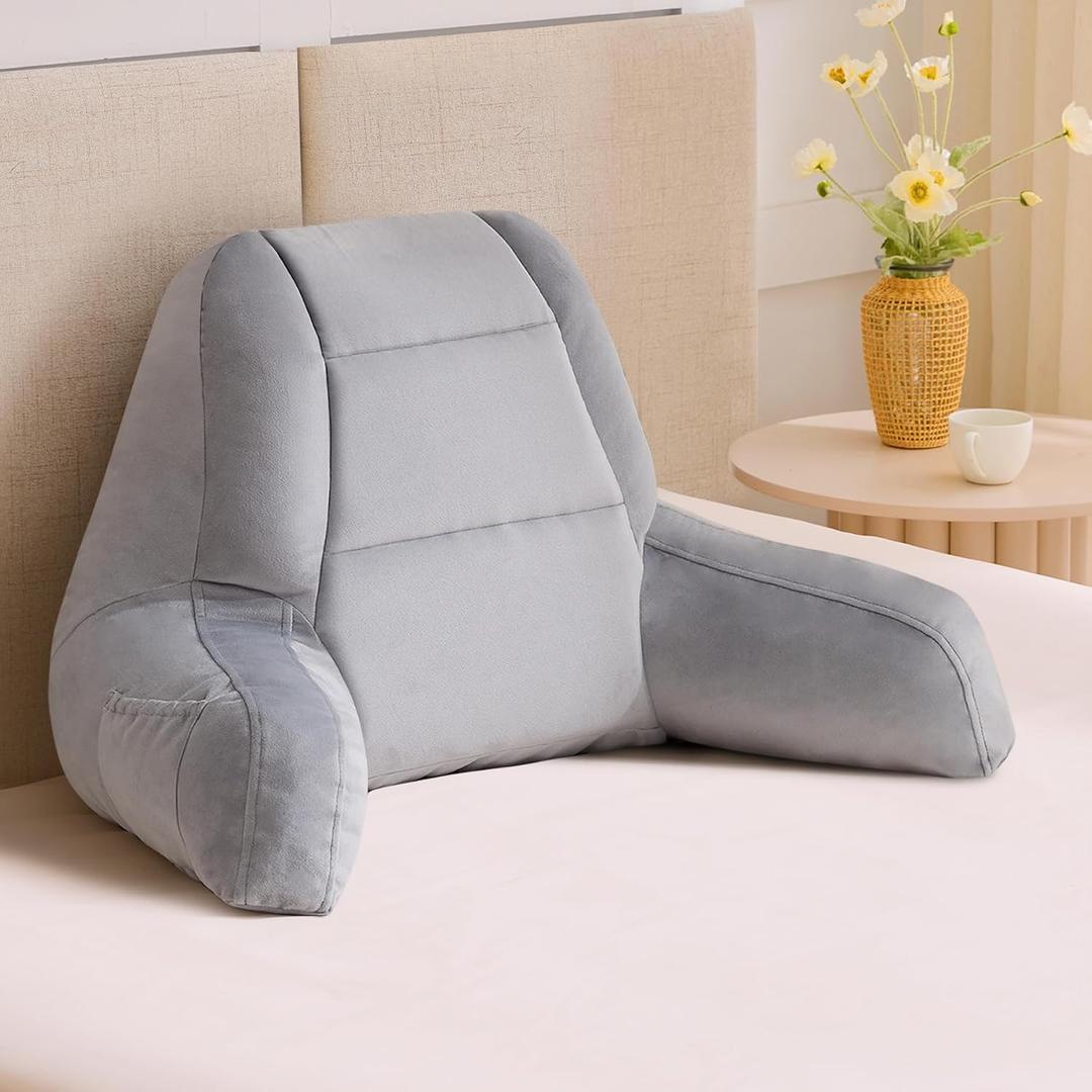IASEAHK Reading Pillows for Sitting in Bed Adult, Back Pillow for Bed Sitting Up, Backrest Pillows with Shredded Foam for Adult & Teens, Support Pillow with Arms for Beds, Couch, Floor, 18in, Grey