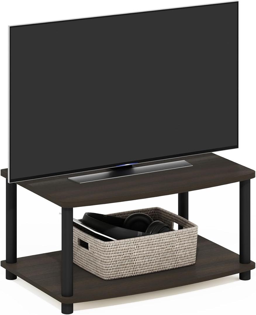 Furinno TURN-N-TUBE TV Riser Stand, 2-Tier Small Elevated No Tools TV Stand with Plastic Poles, Console for TV up to 32 inch, 15.8 x 23.8 x 11, for Living Room, Bedroom, Dark Brown, Small 23.8"x11"x15.8"