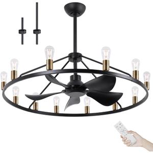 44" Large Ceiling Fans with Lights Wagon Wheel Chandelier Black, Farmhouse Fandelier Dining Room Light Fixture, 6 Speed, Timing, Adjustable Height for Dining Room Living Room