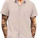 HUNGSON Men's Button Down Shirts Short Sleeve Casual Shirts Summer Beach with Pocket Size XL