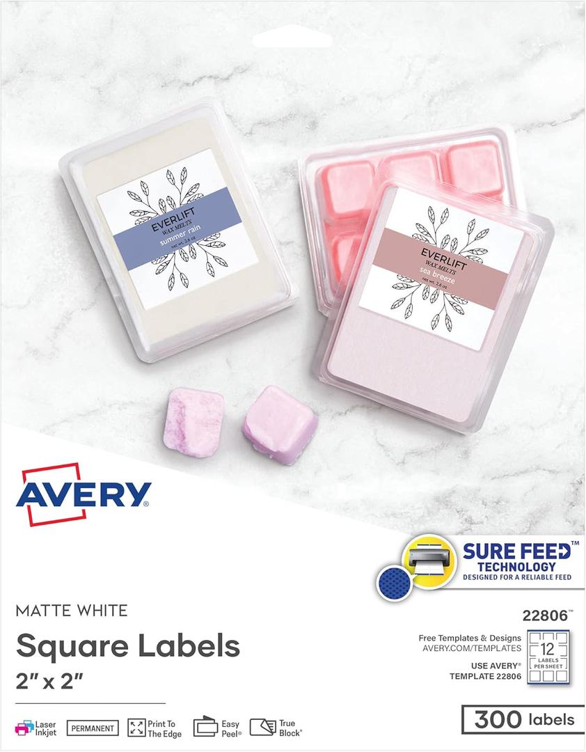 Avery Printable Square Labels, 2" x 2", Matte White, Laser & Inkjet Compatible, 300 Blank Labels Total, Great for Branding, Packaging, Events, and More (22806)