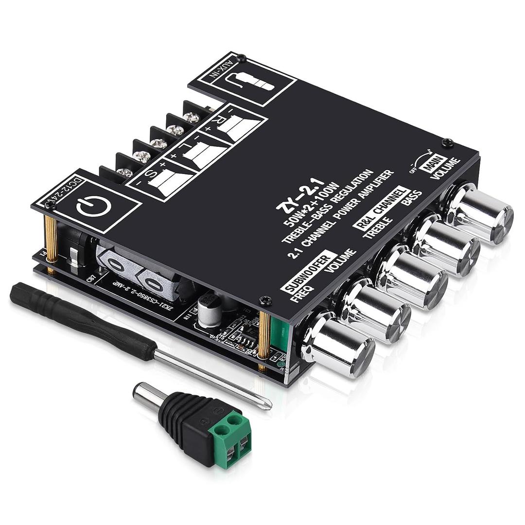 Bluetooth Audio Amplifier Board, ZY-2.1 2.1CH 50W x 2 +100W Subwoofer Power Amp with Treble and Bass Control, Bluetooth 5.1 and AUX Inputs, Stereo Digital AMP for DIY Home Speakers