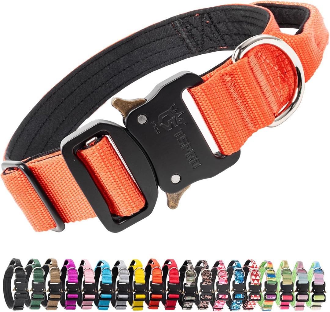 TSPRO Premium Dog Collars Tactical Dog Collar with Handle and Heavy Duty Quick-Release Metal Buckle Durable Thick and Adjustable for Medium to Large Dogs (Orange M) (Handle-Equipped M (14.5"-18" Adjustable))