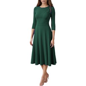 FENJAR Women's Fit and Flare Cocktail Dress Elegant 3/4 Sleeve Wedding Guest Work Formal A Line Midi Dresses(Green-L)