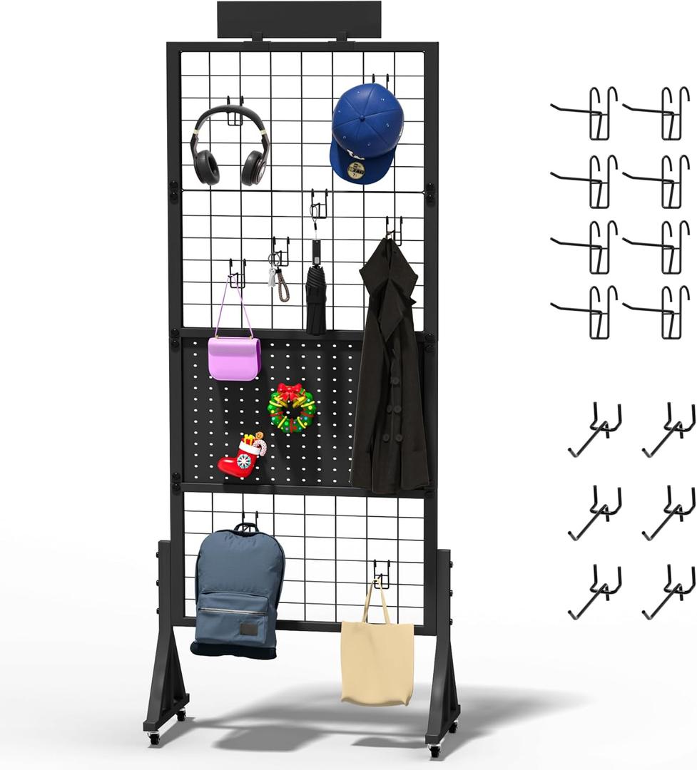 Alyoen Grid Wall Panels, Gridwall Panel Display Stand with Notice Board, Movable 5.1 x 1.4 Ft Floorstanding Wire Grid Rack, Sturdy Retail Display Racks for Vendor Events, Art Craft Shows