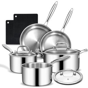 3 Ply Stainless Steel Cookware Set, AIVIKI 10Pieces Pots and Pans Set, Induction Kitchen Cookware Set, Oven Safe to 500℉, Chef Quality Cooking Set w/Fry Pans, Saucepans, Dutch Oven, Kitchen Essential