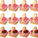 Geelin 12 Pcs Mini Woven Basket with Handle and Red White Gingham Paper Napkins Wood Chip Mini Flower Fruit Picnic Basket Chip for Easter Spring Wedding Party Gift Decoration (Medium)
