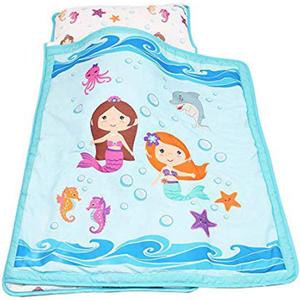 EVERYDAY KIDS Toddler Nap Mat with Removable Pillow -Underwater Mermaids- Carry Handle with Fastening Straps Closure, Rollup Design, Soft Microfiber for Preschool, Daycare Sleeping Bag, Ages 2-6 years