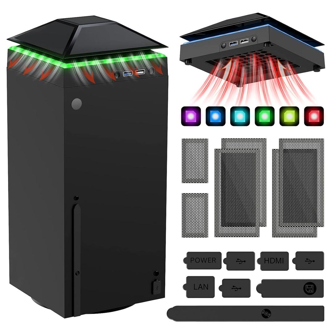 MENEEA Cooling Fan Dust Proof for Xbox Series X Console with Colorful Light Strip,MENEEA Dust Cover Filter,Rubber Dust Plugs,Low Noise Top Fan with 3 Gears,Cooler&Light Independent Touch Switch, 2 USB Port (Black)