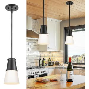 Beionxii Black Pendant Light with Cone Shade, Milk Glass Pendant Light, Pendant Light Fixtures for Kitchen, Sink, Bar, Dining Room, Bedroom, Foyer, BX-PLMB01 (Matte Black)