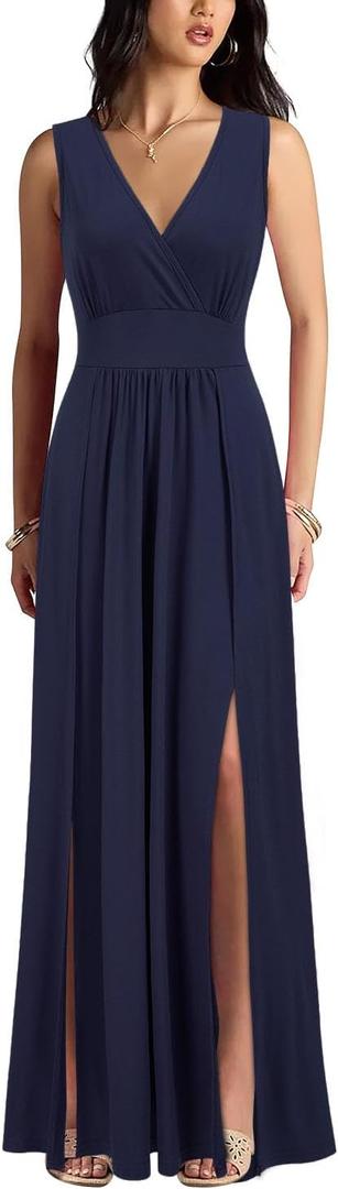WOOSEA Women Sleeveless Deep V Neck Sexy Split Loose Plain Maxi Casual Long Dress (Blue, L)